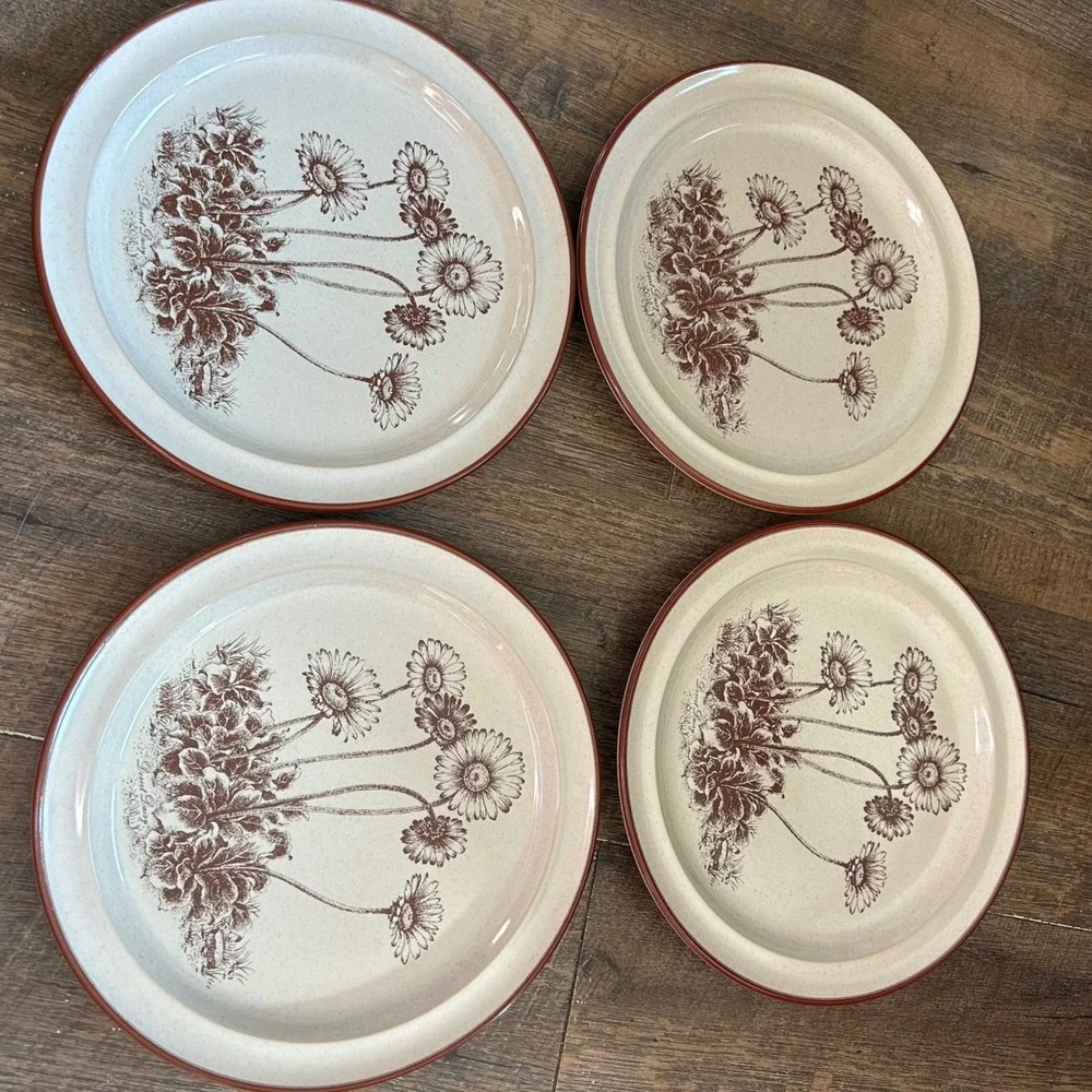 Noritake Desert Flowers Stoneware Salad Plates Set of 4 Brown Daisy S 321 Japan
